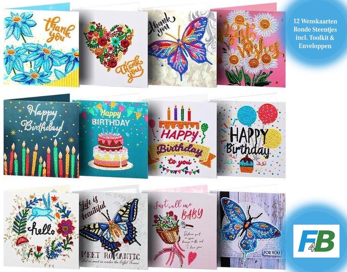 F4B Diamond Painting 12-Delig Wenskaarten 15x15cm | Ronde Steentjes | Met Enveloppen | Verjaardagskaarten | Kaartenset | Cards | Happy Birthday | Kinderen | Pakket Volwassenen en Kinderen